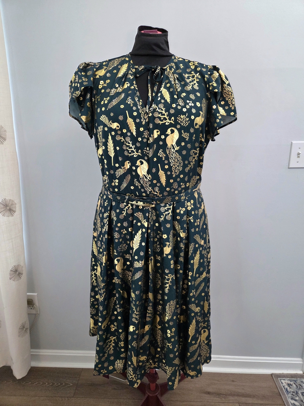 Unique Vintage Green & Gold Peacock Print Dahlia Swing Dress